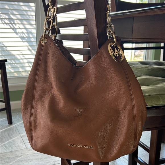Michael Kors Handbags - Michael Kors Cognac Brown Pebbled Leather Shoulder Bag with Gold Chain Accents